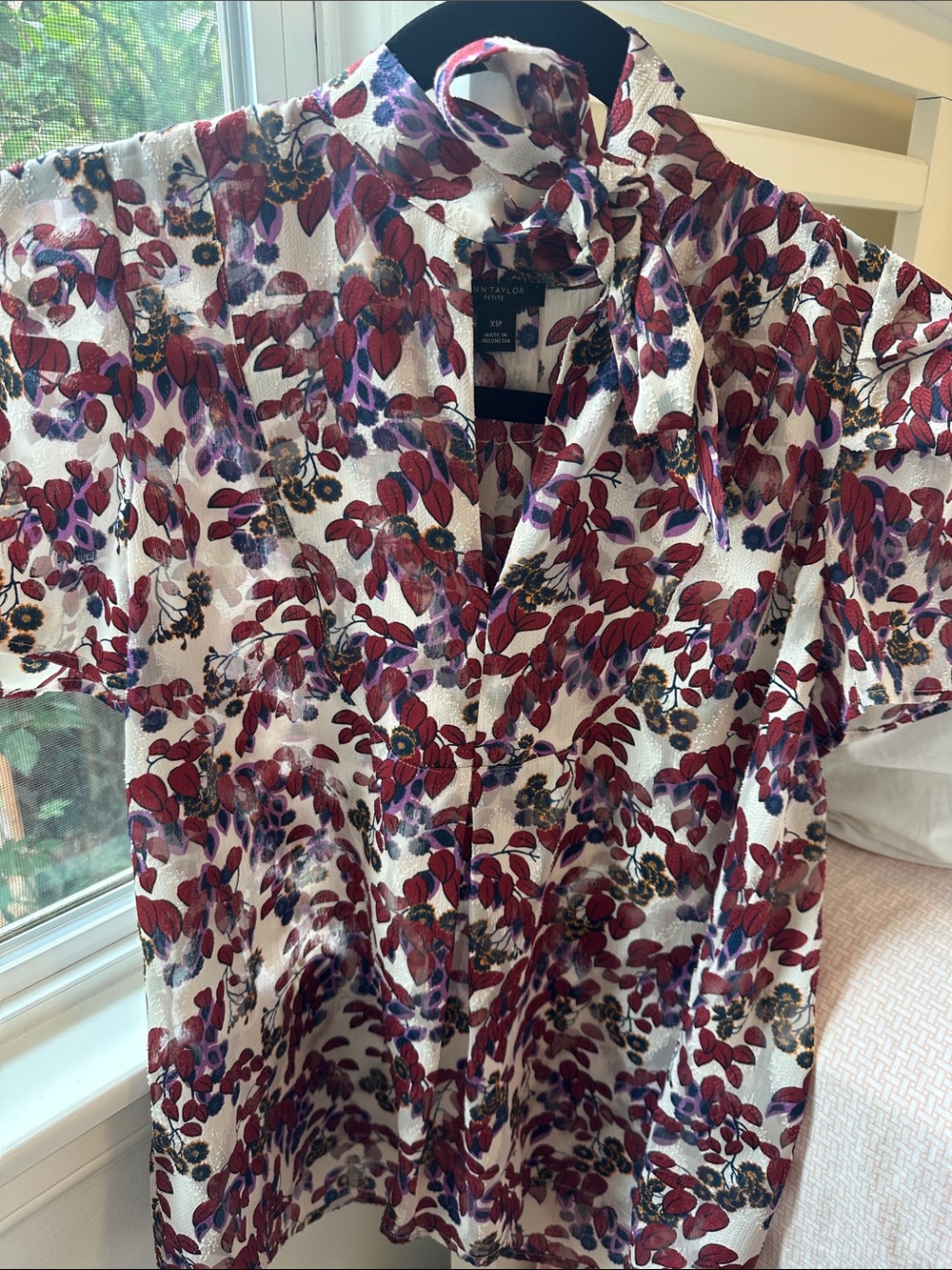 Ann Taylor Cream Blouse with Maroon and Purple Leaf Print and Neck Tie